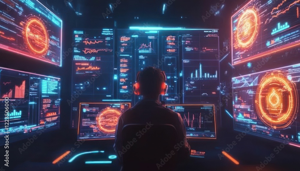Poster person analyzing complex data on multiple futuristic screens with glowing interfaces