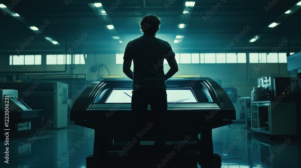 Poster man observing large industrial machine in factory