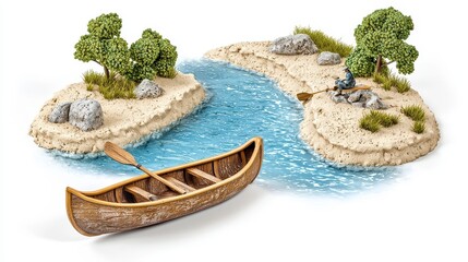 Tranquil River Scene with Miniature Canoe and Islands: A Serene Miniature Landscape Photography