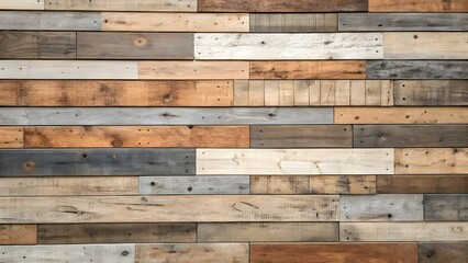 Naklejka premium Reclaimed wood planks, arranged in horizontal rows, form a wall panel. The planks are various shades of brown, beige, and gray, displaying natural wood grain patterns and visible knots 