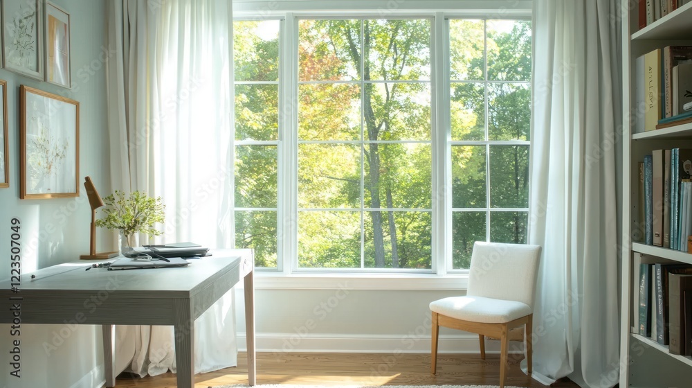 Aufkleber Sunlit Home Office With Window View And Bookshelf