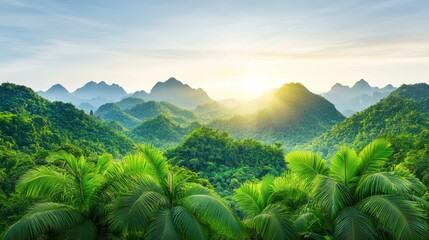 Tranquil Sunrise over Lush Green Mountains: A Serene Landscape Panorama
