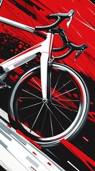 Fototapeta premium A stylized graphic illustration of a road bike in sharp, angular lines and bold colors like red, black, and white. The abstract design feels sleek, modern
