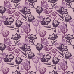 Seamless pattern with sketch Tulips flowers silhouette on pink background. Flowers repeat ornament for textile, wrapping paper. Sketch style blossom print