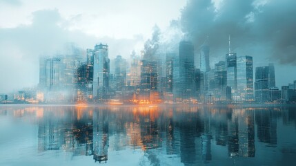 Fototapeta premium Cityscape Reflection: A Misty Metropolis at Dawn