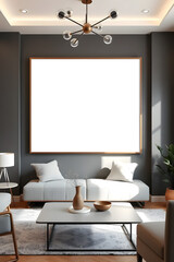 Modern living room with a large blank picture frame. Mockup poster frame in modern interior background, living room, contemporary style.