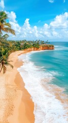 Tranquil Tropical Beach Scene with Palm Trees and Azure Waters under a Sunny Sky