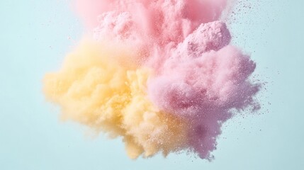 Fototapeta premium Pink and yellow powder explosion against a light blue background