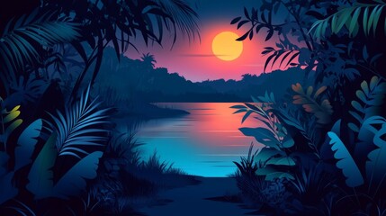 Jungle landscape with lake, path and trees silhouettes at night. Dark nature scene with pond or river shore in rainforest with plants and road, vector cartoon illustration