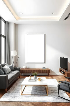 Modern living room with a large blank picture frame. Mockup poster frame in modern interior background, living room, contemporary style.