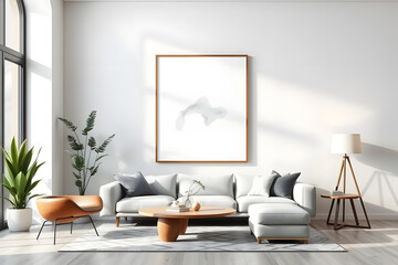 Modern living room with a large blank picture frame. Mockup poster frame in modern interior background, living room, contemporary style.