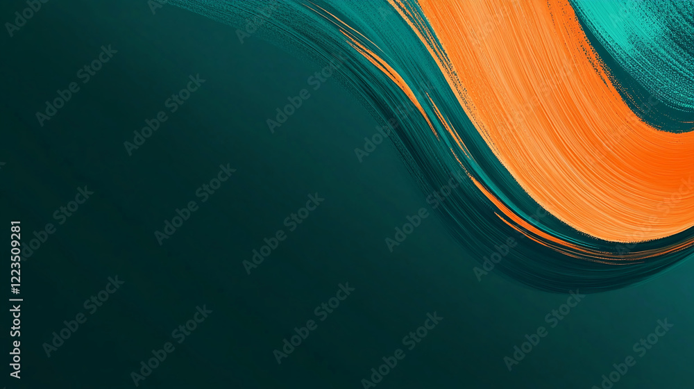 Poster abstract waves of orange and teal flowing in dynamic brushstrokes on dark background
