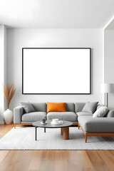 Modern living room with a large blank picture frame. Mockup poster frame in modern interior background, living room, contemporary style.