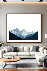 Modern living room with a large blank picture frame. Mockup poster frame in modern interior background, living room, contemporary style.