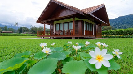 Tranquil Wooden Bungalow Amidst Lush Greenery and Vibrant Lotus Pond, Creating a Serene and Harmonious Atmosphere