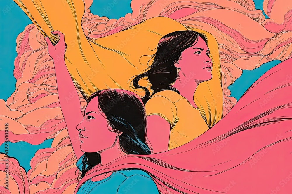 Poster dynamic dual portrait in vibrant pop art style with flowing colors and textured background