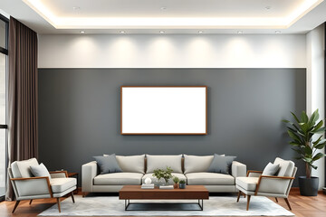 Modern living room with a large blank picture frame. Mockup poster frame in modern interior background, living room, contemporary style.