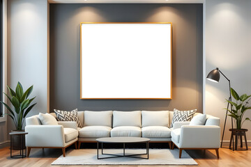 Modern living room with a large blank picture frame. Mockup poster frame in modern interior background, living room, contemporary style.