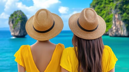 Two women in yellow dresses enjoy a serene tropical beach view with dramatic rock formations and turquoise water, capturing a care