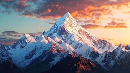 Majestic Snow-Capped Peaks at Sunset: A Dramatic Landscape