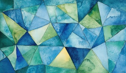 Blue and green watercolor background with geometric shapes, featuring triangles.