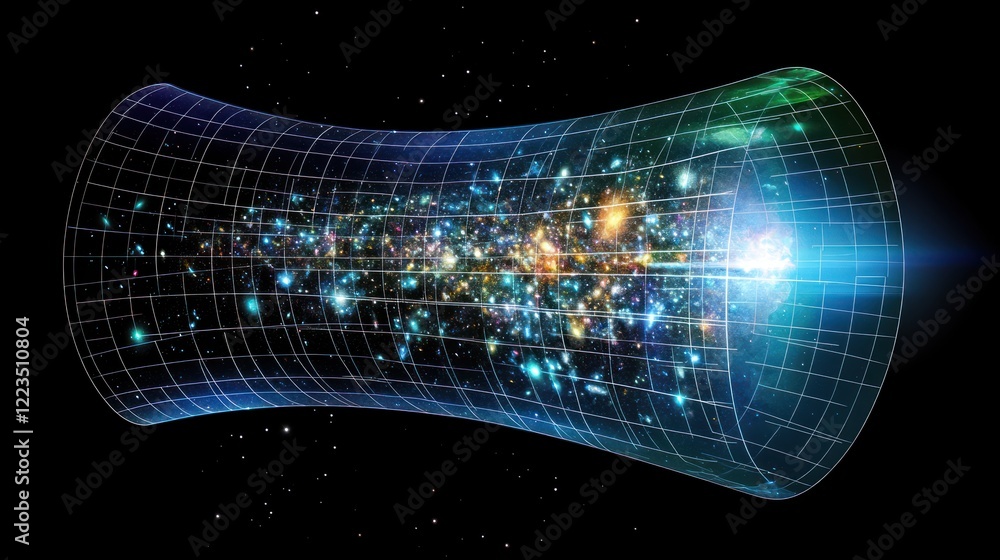 Poster a curving spacetime grid showing the observable universe