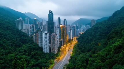 Urban Oasis: City Buildings nestled among Lush Green Mountains on a Cloudy Day