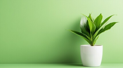 Lush green plant in white pot against green background; ideal for home decor or eco-friendly websites