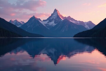 serene mountain peaks reflected in calm lake waters at dusk, peaceful lake, golden hour
