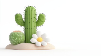 Vibrant 3D Render of Desert Cactus and Daisy in Minimalist Setting