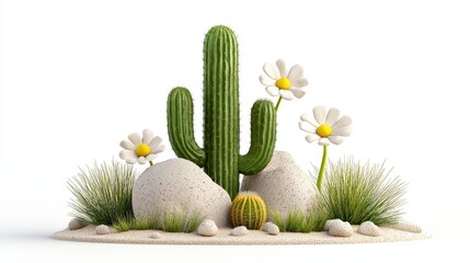 Vibrant 3D Render of Desert Cactus with Daisies and Rocks Against White Background