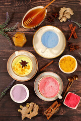 A variety of Japanese tea, matcha latte, golden turmeric, lavender blue and pink moon milk. The trendy healthy drink promotes weight loss, relaxes before bed and has anti-inflammatory properties.