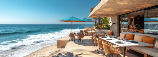 Modern beachfront restaurant with stunning ocean views and stylish outdoor seating