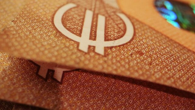 Fifty euro banknotes close-up. European currency EUR, EU Central Bank. 50 euro money macro. Economy, financial and banking concept in European union. 