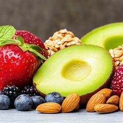 Vibrant and Nutritious Mix of Fresh Fruits and Nuts on Rustic Wooden Surface