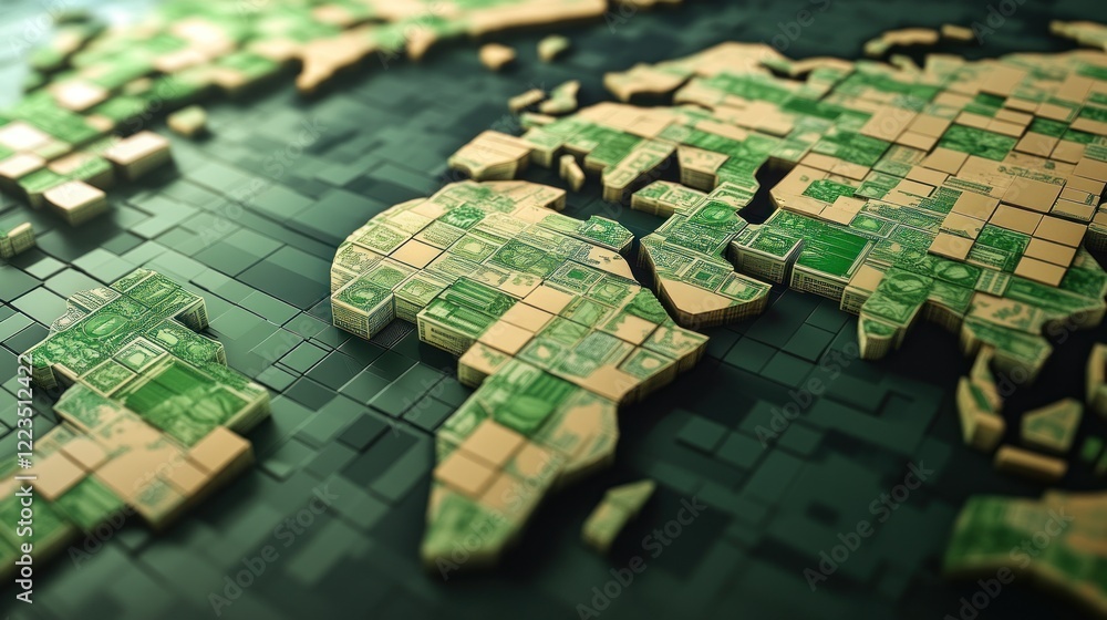 Poster world map constructed from stacks of money