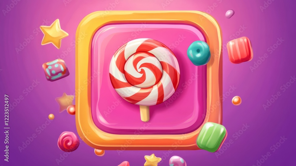 Poster win level game ui design button for interface. sweet candy element for victory badge and star score 