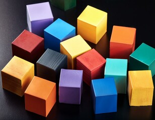 Abstract Digital Geometric Cubes Background. Many colorful 3d cubes on black background