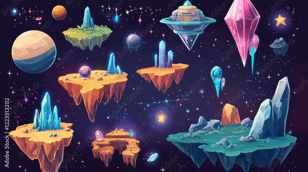 Poster outer space game level ui design creation kit. cartoon set of 2d platform and islands with rocks and