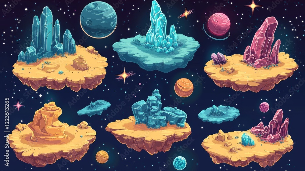 Poster outer space game level ui design creation kit. cartoon set of 2d platform and islands with rocks and