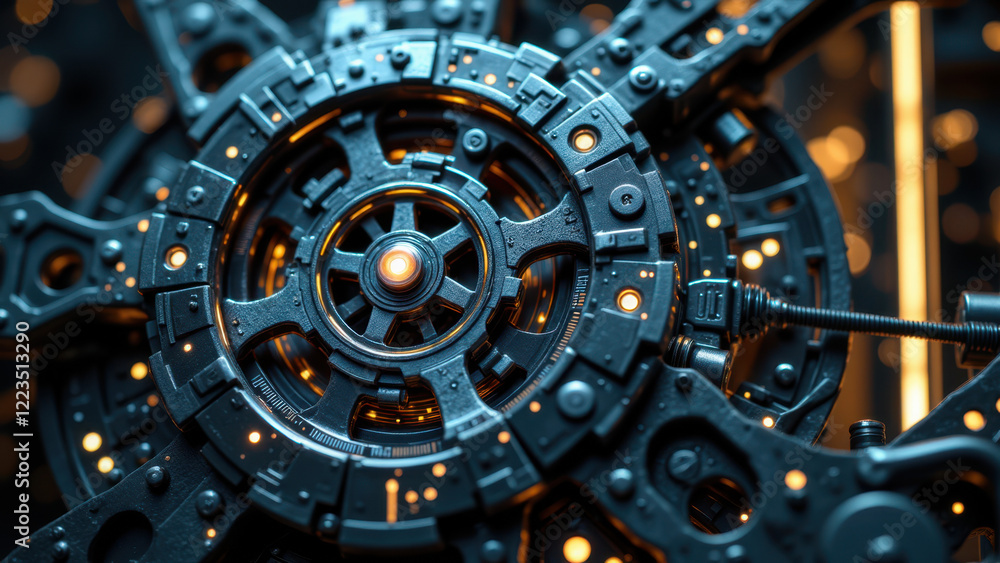 Poster a detailed, futuristic mechanical design with intricate gears and illuminated details.