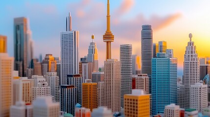 Vibrant Cityscape at Sunset: Low-Polygonal Modern Architecture Design