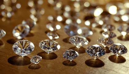 A variety of diamonds with different cuts and sizes are scattered on a polished wooden surface. Soft lighting accentuates their brilliance and clarity, creating a captivating display