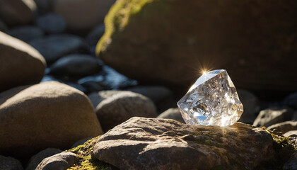 Obraz premium A large crystal shines brightly under sunlight, resting on textured stones beside a serene stream. Soft reflections enhance its beauty amidst natural elements