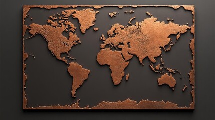 Embossed World Map in Copper Relief