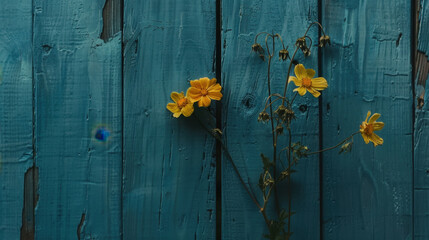 yellow flowers on a blue wooden background