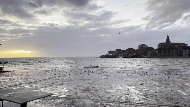 old fishing town of Umag, on a windy and rainy day