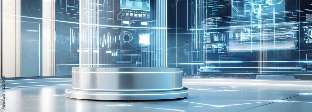 Poster a futuristic podium with chrome-like finishes, placed in front of a high-tech laboratory filled with
