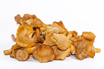 Close-up view of freeze-dried chanterelle mushrooms with their distinct golden color and wavy edges. Perfect for culinary or natural ingredient concepts.