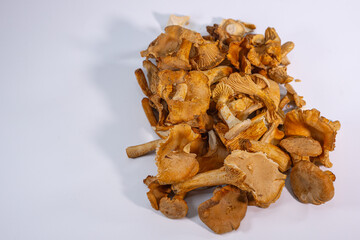 Close-up view of freeze-dried chanterelle mushrooms with their distinct golden color and wavy edges. Perfect for culinary or natural ingredient concepts.